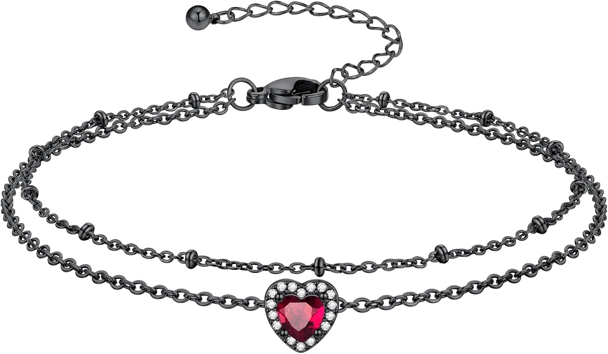 Richsteel Double Layer Heart/Butterfly Birthstone Anklet for Women Non Tarnish Waterproof, Silver/Gold/Black Stainless Steel 8.5-10.5 Inch Adjustable Chain Anklets Jewelry Gifts for Her