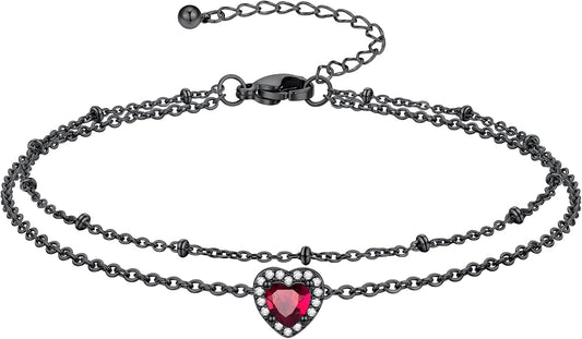 Richsteel Double Layer Heart/Butterfly Birthstone Anklet for Women Non Tarnish Waterproof, Silver/Gold/Black Stainless Steel 8.5-10.5 Inch Adjustable Chain Anklets Jewelry Gifts for Her