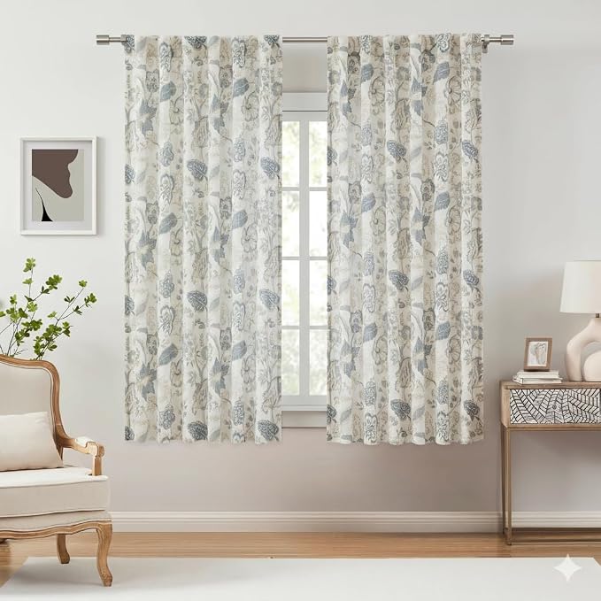Kayne Studio Botanical Print Semi Sheer Curtains Blue Grey Floral Leaf Farmhouse Linen Curtain Drapes Light Filtering Window Treatments for Living Room Bedroom Rod Pocket Back Tab,52"x63",2 Panels