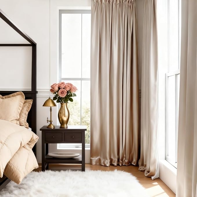 HOMEIDEAS 2 Panels Beige Faux Silk Blackout Luxury Curtains, 52 X 108 Inch Champagne Gold Room Darkening Satin Thermal Insulated Vintage Window Drapes for Bedroom Decor, Indoor, Living Room