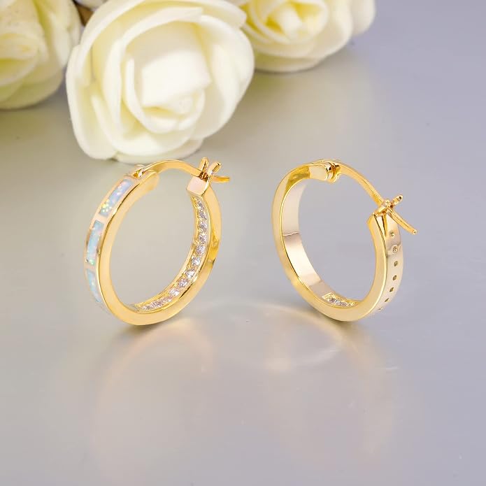 CiNily Sterling Silver/Rose Gold/Yellow Gold Plated Hoop Earrings 20mm,Multicolor Opal Small Hoop Earrings for Women Girls Hypoallergenic Jewelry for Sensitive Ears Gemstone Earrings