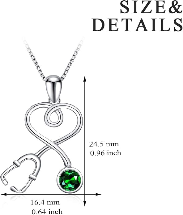 AOBOCO Stethoscope Necklace 925 Sterling Silver Embellished with 12 Months Birthstone Crystals from Austria, Graduation Gifts Medical Jewelry for Doctor Nurse Medical Student RN