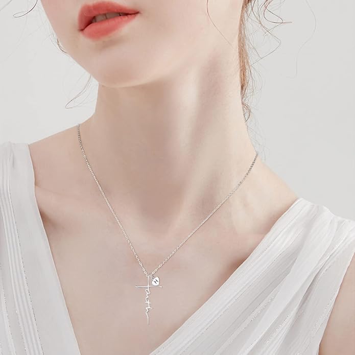 PRAYMOS Faith Cross Necklace for Women 925 Sterling Silver Pendant Necklace With Birthstone Initial Christian Religious Confirmation Baptism Mothers Day Gifts