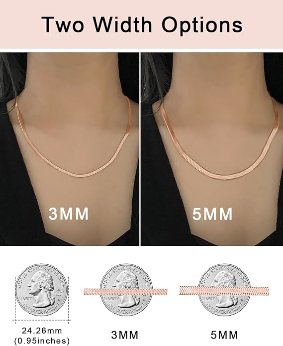 FOCALOOK 14K Gold Plated Necklaces for Women, Fashion Herringbone Choker Necklace Stainless Steel Flat Snake Chain 3/5MM(W) 12.5"/15"/18"+3.5"(L)