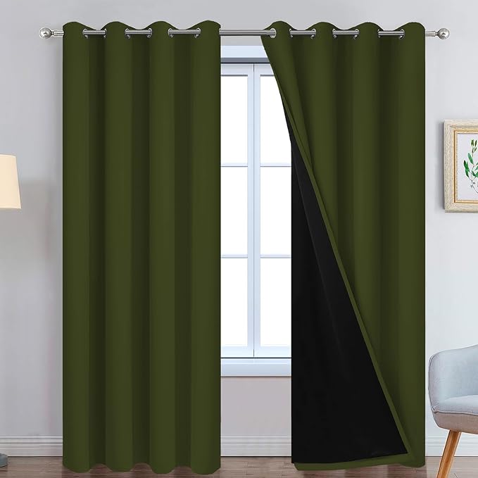 Yakamok Olive Green 100% Blackout Curtains 84 Inches Long 52" Wide 2 Panels | Blackout Curtain Panels for Bedroom, 2 Thick Layers Grommet Top Thermal Insulated Drapes with Black Liner for Living Room