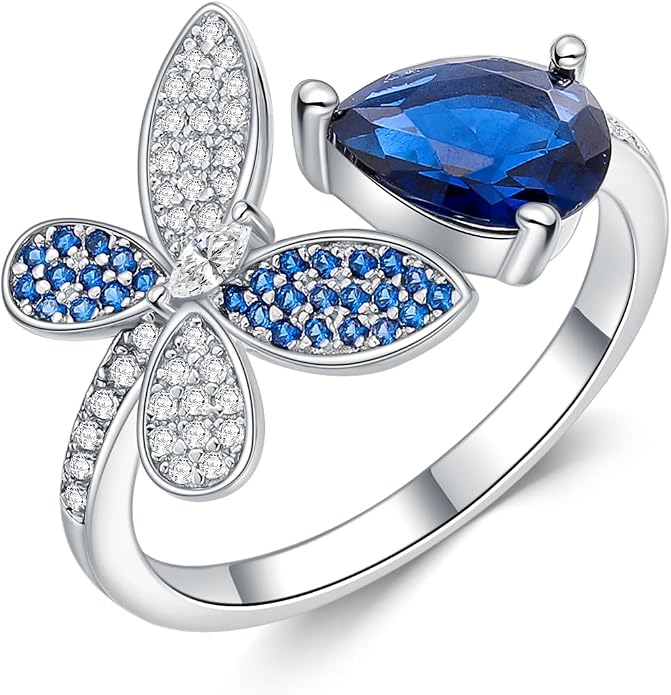 925 Sterling Silver Drangonfly/Butterfly Open Finger Rings Adjustable Dainty Gemstone Sapphire Emerald Green Ring for Women Round/Pear/Princess Engagement Promise Ring