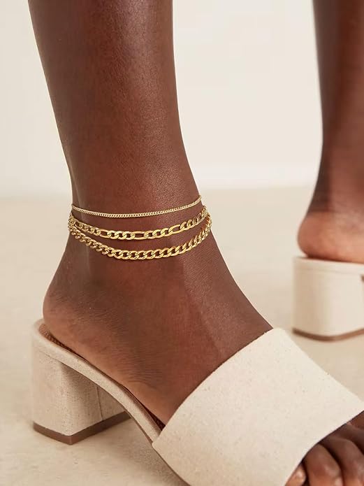 ChainsPro Stainless Steel Waterproof Anklet for Women, Adjustable Non Tarnish Layered Anklets, Trendy Dainty Cuban Link Ankle Bracelet Beach Jewelry Gifts for Swimming & Daily Wear (8.5+2 inches)