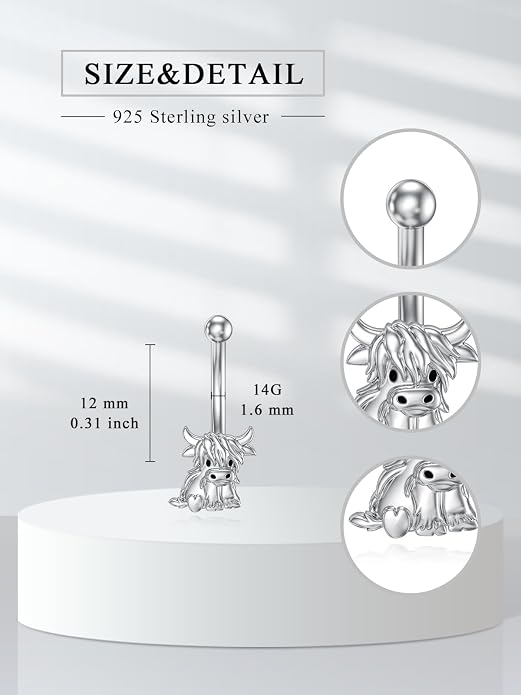 Sterling Silver 14G Belly Button Rings Cross/Cat/Butterfly/Cow/Skull/Birthstone Heart Navel Rings 16mm Body Piercing Jewelry for Women