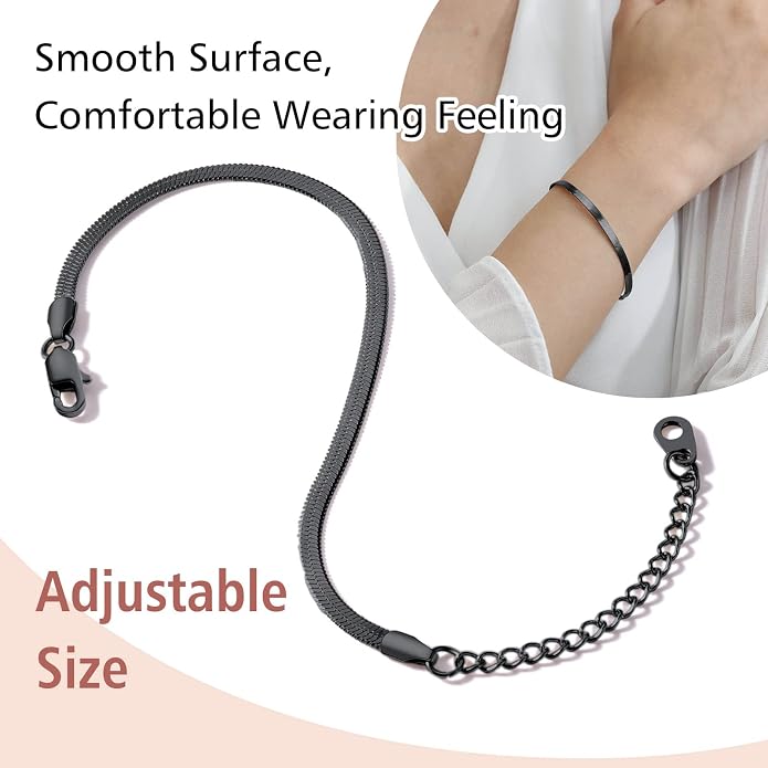 FindChic Elegant Herringbone Snake Chain Anklets/Bracelets 3MM/5MM Width Stainless Steel/18K Gold/Rose Gold Plated/Black 4 Color Options, 8.3'' 8.5'' 10.5'' Length, with Gift Box