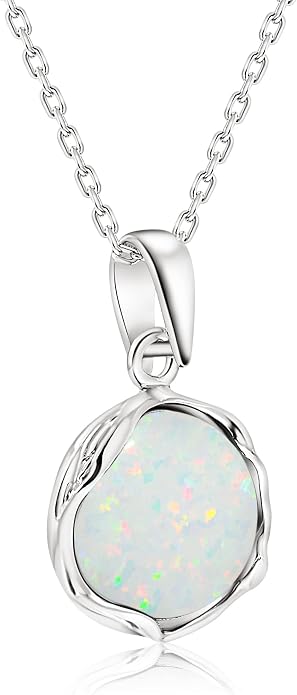 ADITA GOLD 925 Sterling Silver White Opal Necklace, Dainty 12mm Round Gemstone Pendant, October Birthstone Bridal Wedding Jewelry, Handmade Vintage Statement Jewel for Classy Brides and Women