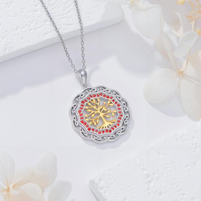 Sterling Silver Birthstone Celtic Tree of Life Necklace, 18K Gold Plated Colored Gemstone Tree of Life Pendant Two-Tone Necklaces Jewelry Birthday Gifts for Women 18" - 20"