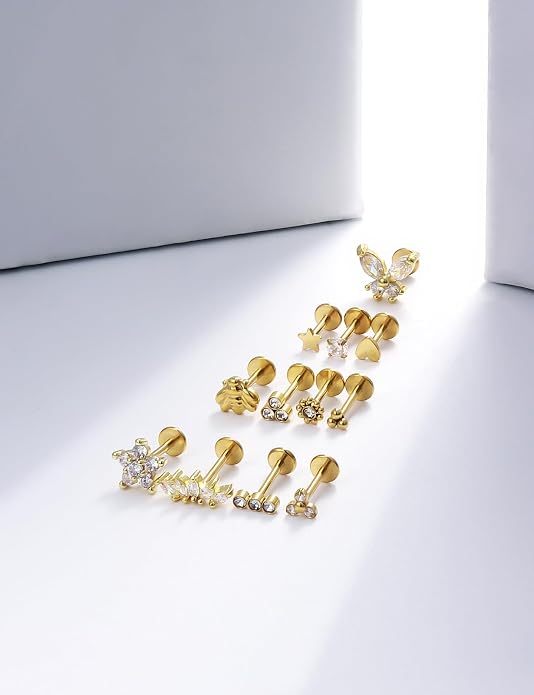 14K Gold Filled 20G 18G 16G Threadless Flat Back Earrings Studs Surgical Stainless Steel Clear CZ Push In Nose Rings Studs Tragus Helix Conch Cartilage Earrings Piercing Jewelry For Women Men