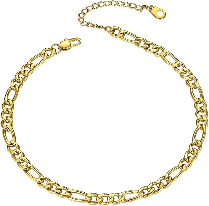 GoldChic Adjustbale Link Chain Anklet for Women Summer Jewelry, 316L Stainless Steel Figaro/Wheat/Twist Rope/Cuban Foot Bracelet-Waterproof, Resizable 9"-12" (Gift Box Included)
