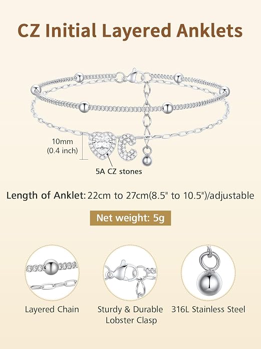 FindChic Silver/14K Gold Plated Layered CZ Initial Ankle Bracelet for Women | Waterproof Stainless Steel, Cubic Zirconia Letter Charm, Non-Tarnish, Hypoallergenic, Adjustable Extender, Summer Jewelry