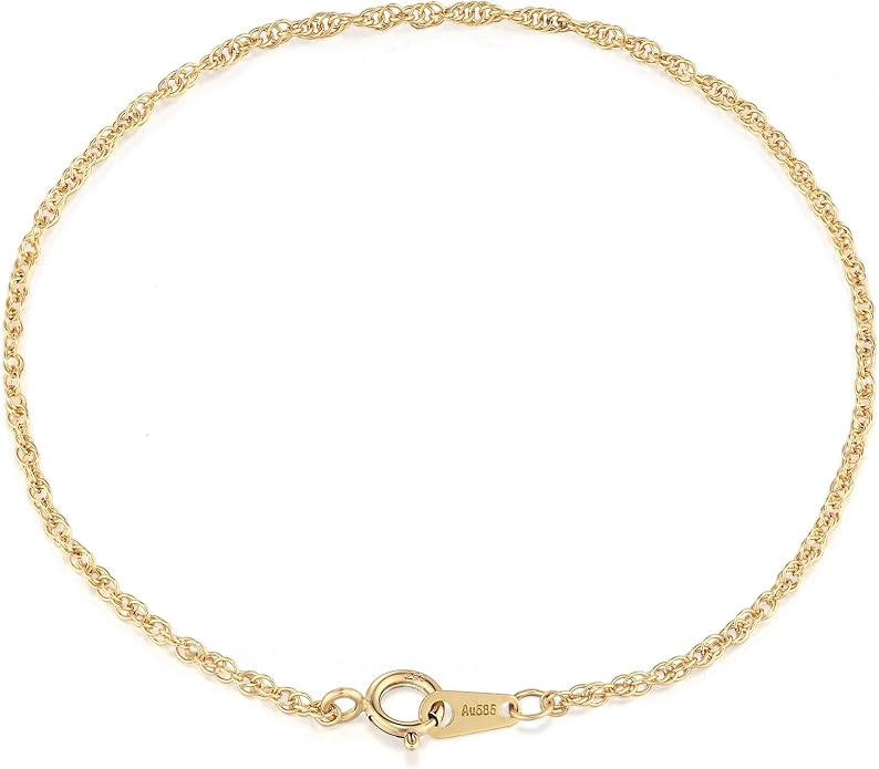 1.8mm Singapore Chain Bracelet for Women, 14K Gold Rope Link, 6-7 in | Dainty twisted rope chain bracelet | Hypoallergenic & Non-tarnish | Layering minimalist jewelry gifts