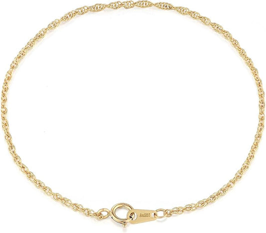 1.8mm Singapore Chain Bracelet for Women, 14K Gold Rope Link, 6-7 in | Dainty twisted rope chain bracelet | Hypoallergenic & Non-tarnish | Layering minimalist jewelry gifts