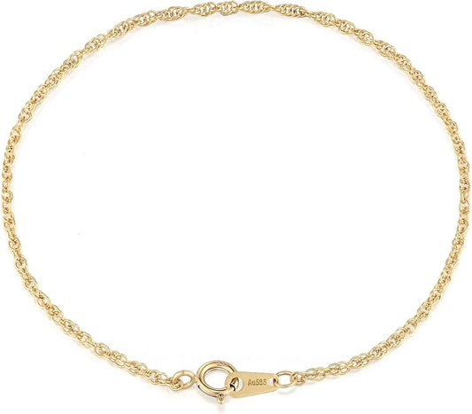 1.8mm Singapore Chain Bracelet for Women, 14K Gold Rope Link, 6-7 in | Dainty twisted rope chain bracelet | Hypoallergenic & Non-tarnish | Layering minimalist jewelry gifts