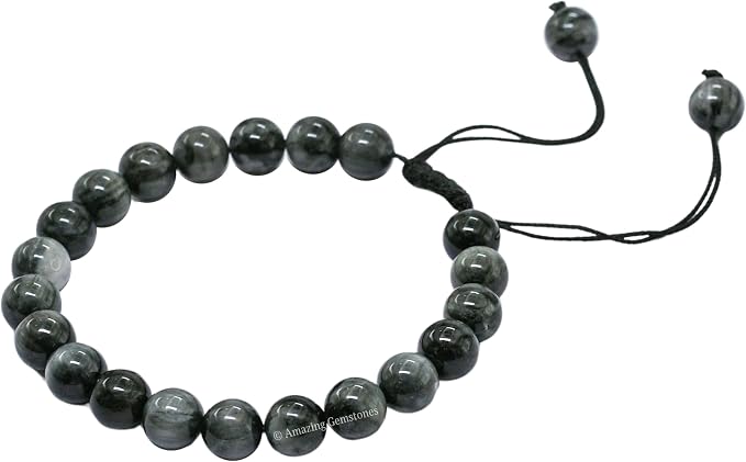 Amazing Gemstone Grey Cats Eye Bracelet, Gifts for Men & Women - Protection Healing Crystal Bracelet - 8mm Gemstone Beaded Adjustable Bracelet, Pulseras para Hombres Mujer Stocking Stuffers