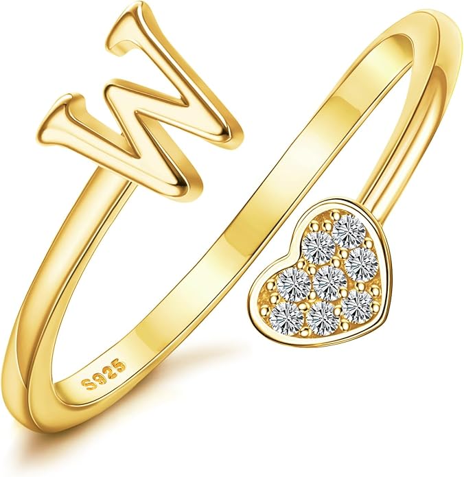 MILACOLATO 925 Sterling Silver Initial Rings for Women Teen Girl 18K Gold Plated Heart Initial Rings Adjustable Capital Letter Ring Stackable Thumb Pinky Rings for Daughter Birthday Bridesmaid Gifts Jewelry, A to Z