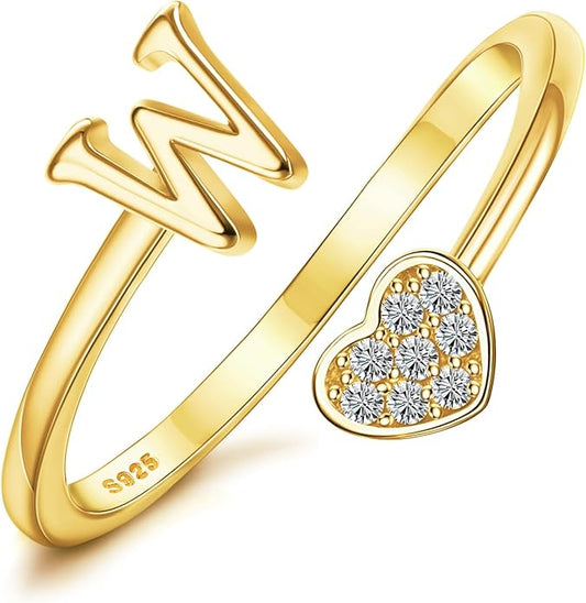 MILACOLATO 925 Sterling Silver Initial Rings for Women Teen Girl 18K Gold Plated Heart Initial Rings Adjustable Capital Letter Ring Stackable Thumb Pinky Rings for Daughter Birthday Bridesmaid Gifts Jewelry, A to Z