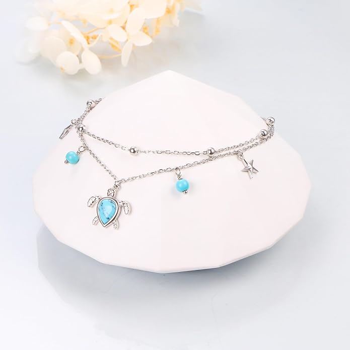 Ladytree S925 Sterling Silver Boho Beach Double Layer Anklets Bracelet for Women Adjustable 9 to 11 inches