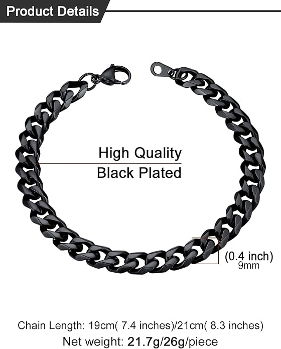 U7 Link Bracelets for Men, Cuban Link/Rope/Watch Band Solid Bracelet, Silver Black Gold Color Wrist Bracelet 3/6/9/12/15mm Width, 6.5/7.5/8.3 Inch Length, Hand Chain Jewelry for Mens Women