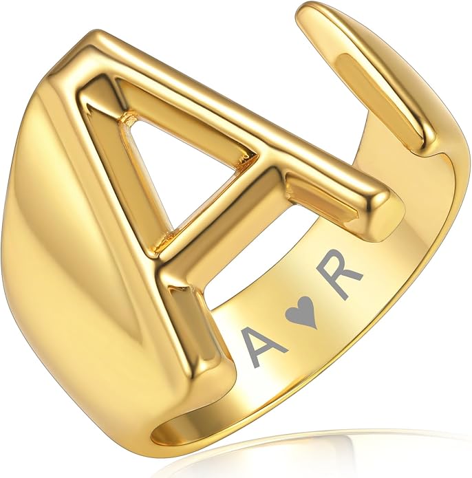 KeyStyle Bold Initial Letter Rings Adjustable, GoldChic Jewelry Women Gold Statement Ring Personalized Engraved Women’s Open Signet Ring for Party (Gold, White Gold, Black)