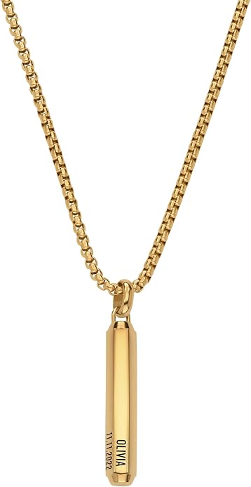 Theo Grace Personalized 3D Hexagon Bar Necklace for Men – Custom Engraved Stainless Steel or Gold Plated Pendant with Optional Black Diamonds, Father's Gift for Men