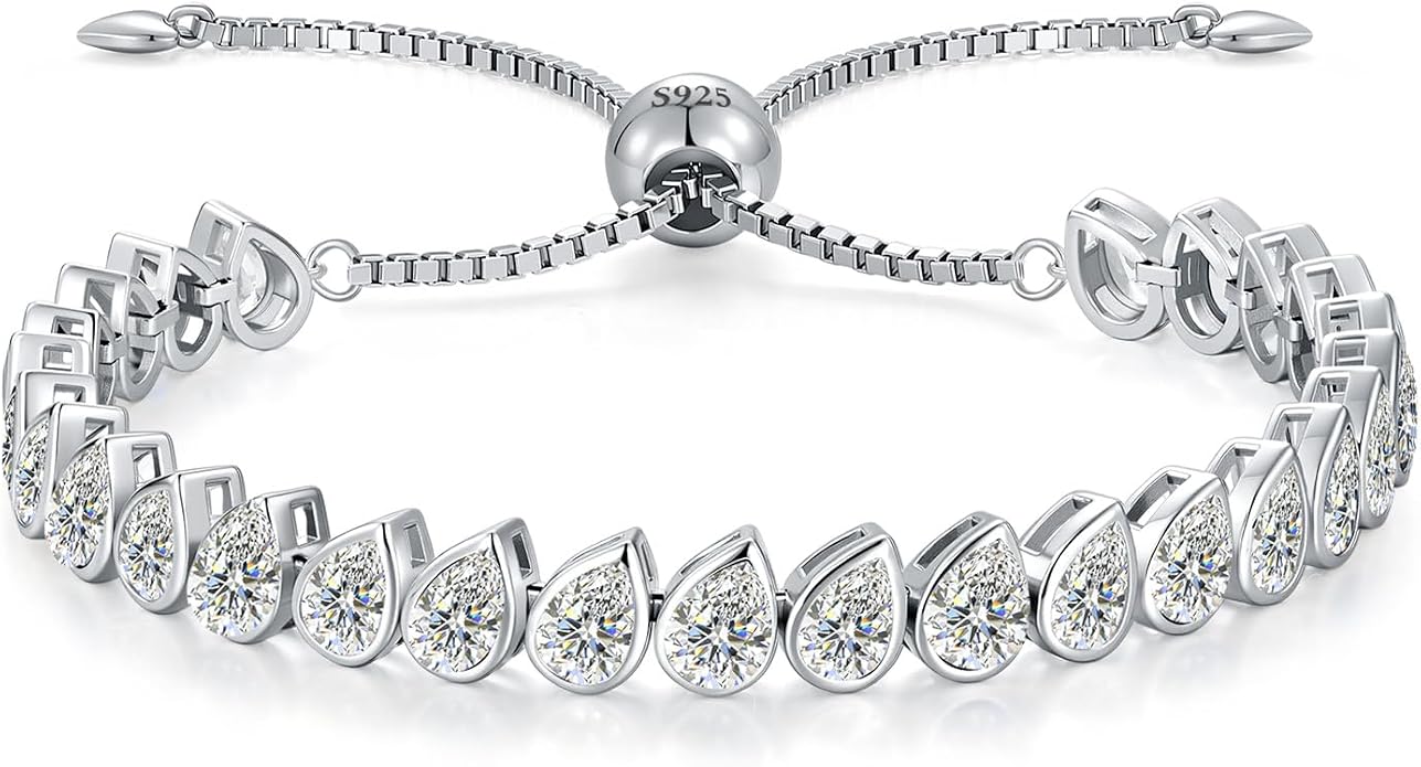 Birthstone Tennis Bracelet for Women 925 Sterling Silver Pear Shaped Gemstone Inlaid White Gold Plated Adjustable Chain Gifts for Mom Wife