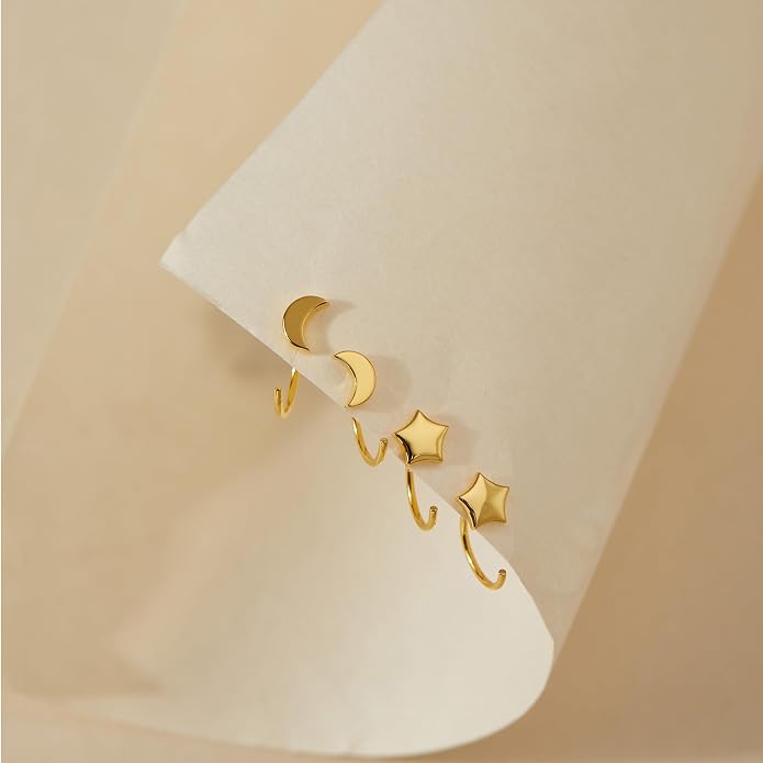 CHIC & ARTSY 925 Sterling Silver Half Hoop Earrings for Women, Small Huggie Hoops Set with Ball Bar Star Moon Cross & Pearl, Lightweight Comfort Fit Everyday & Sleep Earrings