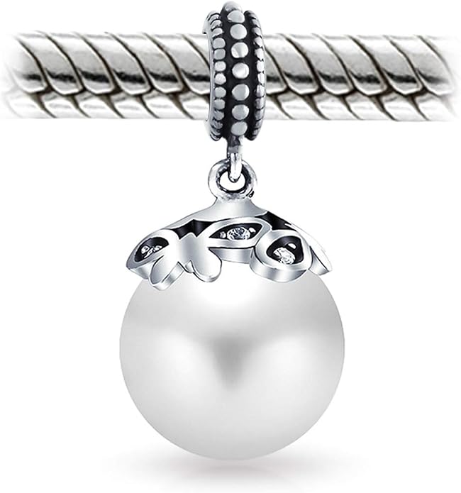 Bling Jewelry .925 Sterling Silver Bali Style Filigree Cap White Faux Pearl Heart Dangle Charm Bead For Women Teen Oxidized June Birthstone for Bracelet
