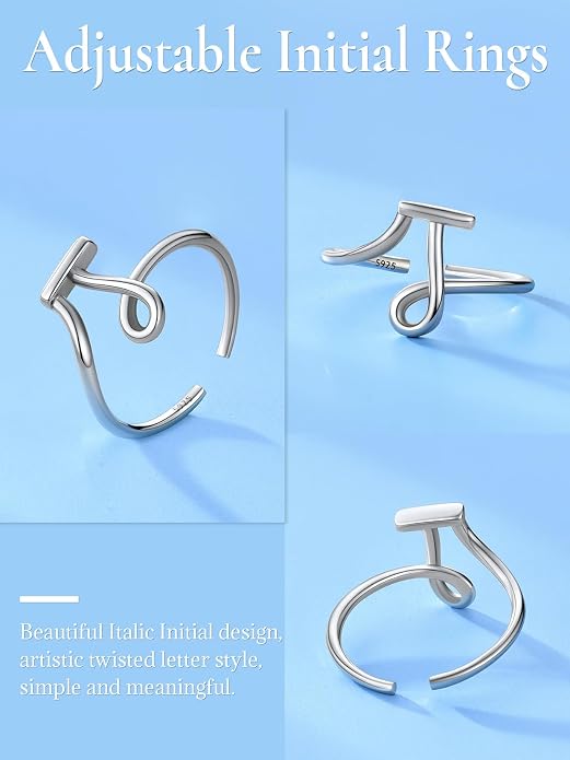 SILVERCUTE S925 Initial Rings, Adjustable Size 6-12 Statement Alphabet Letter A-Z Jewelry Personalized Twisted Initials Rings Sterling Silver Stacking Ring for Women