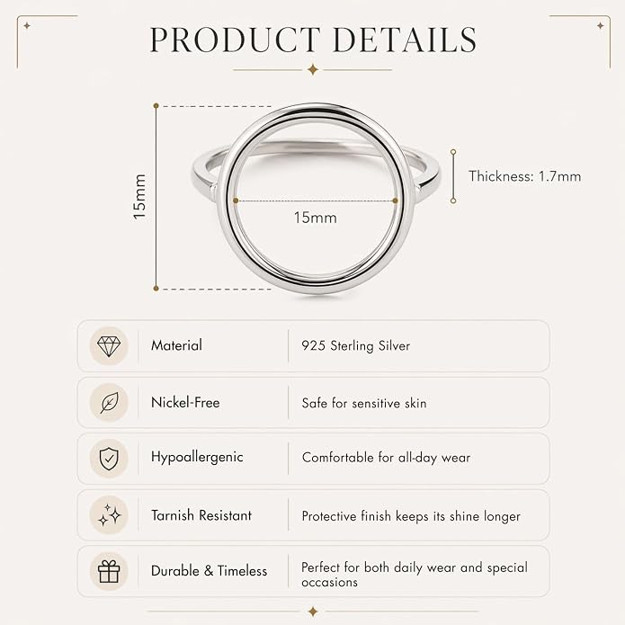 SOVATS 925 Sterling Silver Open Circle Ring for Women – Rhodium Plated, Minimalist Stackable Design, Nickel-Free Jewelry