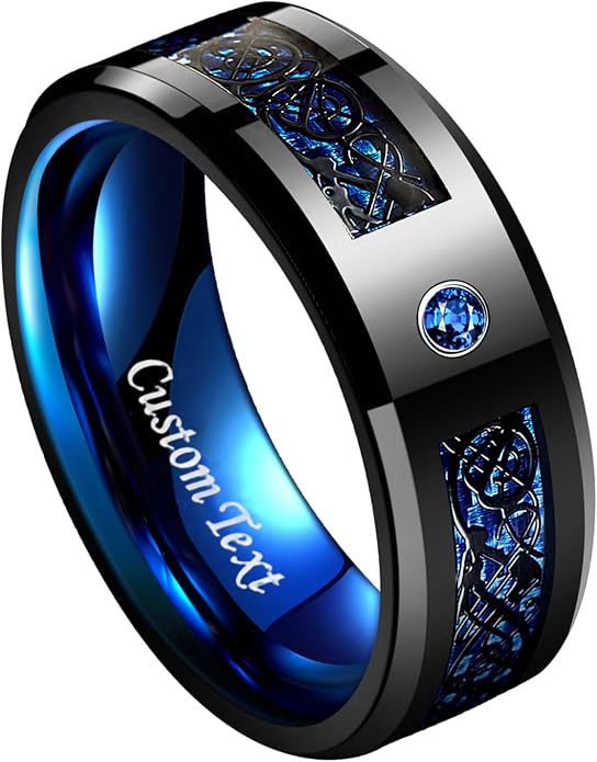 TUNGSTORY 8mm Black Celtic Dragon Tungsten Carbide Wedding Ring with Green Carbon Fiber and CZ Inlay Polished Finish Beveled Edge Size 6-16