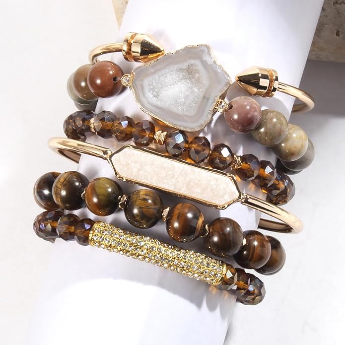 Yomisa 5PCS 6PCS Natural Boho Beaded Bracelets/Bangle for Women Men,Healing Turquoise Jasper Agate Crystal Gemstone Stone Chakra Multilayer Wrap Bohemian Handmade Jewelry Beads Stretch Bracelet Set