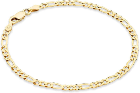 Miabella Italian Solid 925 Sterling Silver, 18Kt Gold Plated 3mm Diamond Cut Figaro Chain Bracelet for Women, Made in Italy