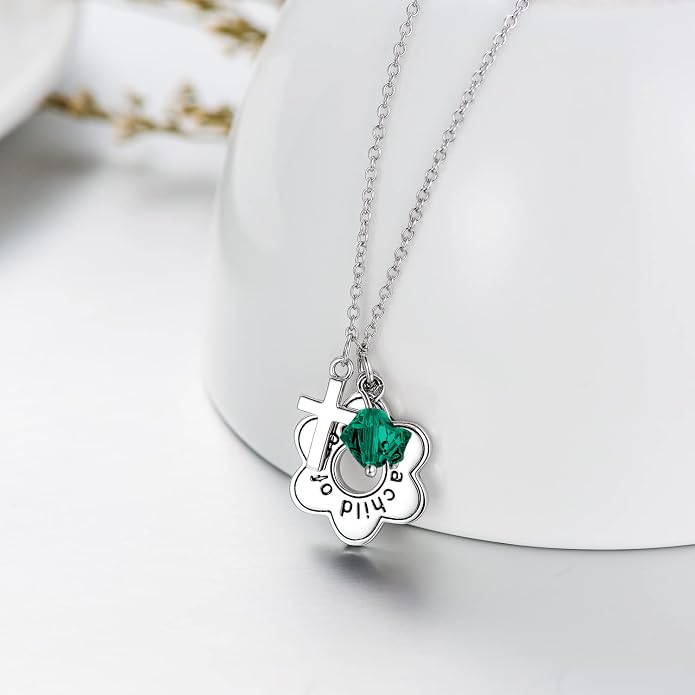 AOBOCO 925 Sterling Silver I Am a Child of God Daisy Necklace Jewelry Birthday Birthday Baptism Communion Gifts for Girls