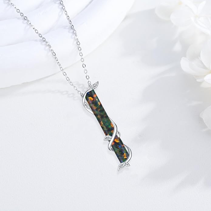 Bar Opal Leaf Necklace For Women S925 Sterling Silver White Opal Pendant with Leaf Charm Bar Pendant Jewelry Gift For Mom Daughter Wife