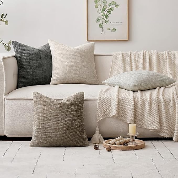 MIULEE Pack of 4 Couch Throw Pillow Covers 20x20 Inch Neutral Soft Decorative Chenille Pillow Covers Farmhouse Boho Cushion Covers for Mid Century Modern Spring Home Decor Sofa Bedroom Living Room