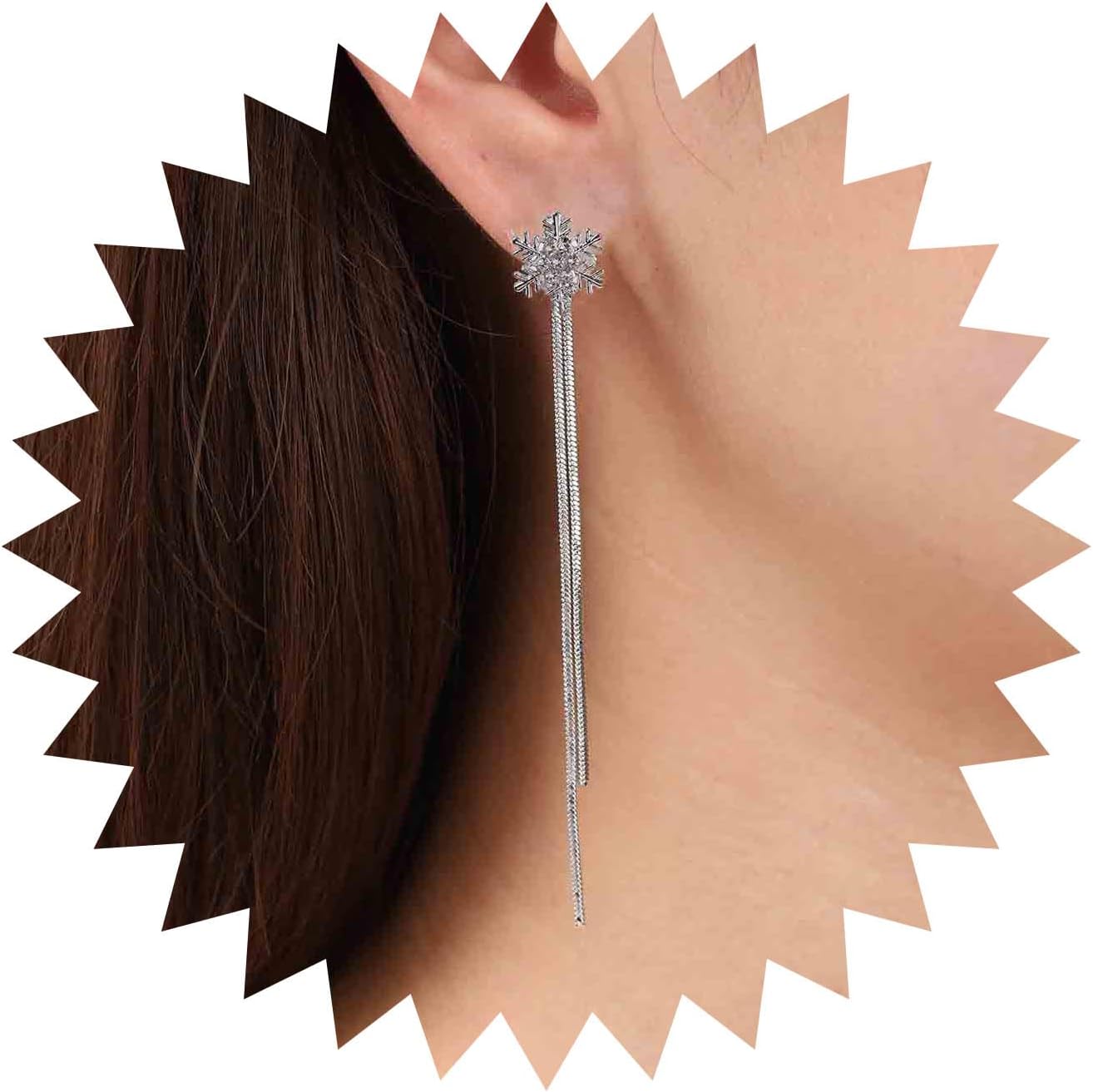Vintage Crystal Snowflake Chain Earrings Cz Snowflake Stud Earrings Silver Long Chain Tassel Earrings Metal Snake Chain Drop Earrings Jewelry for Women
