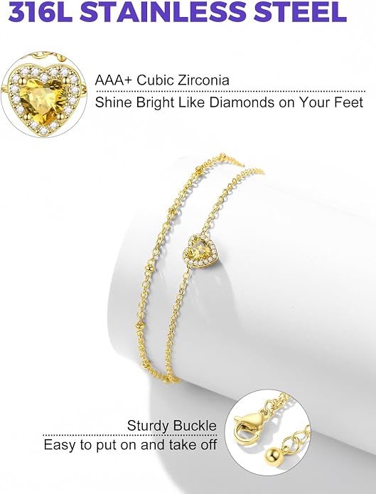 Richsteel Double Layer Heart/Butterfly Birthstone Anklet for Women Non Tarnish Waterproof, Silver/Gold/Black Stainless Steel 8.5-10.5 Inch Adjustable Chain Anklets Jewelry Gifts for Her
