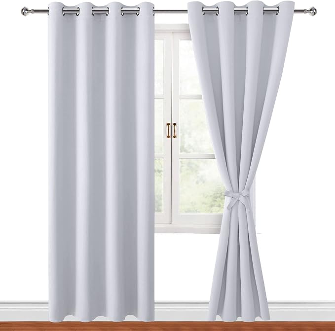 Hiasan Blackout Curtains for Bedroom, 52 x 84 Inches Long - Thermal Insulated & Energy Saving Window Curtains for Living Room, 2 Drape Panels Sewn with Tiebacks, Greyish White