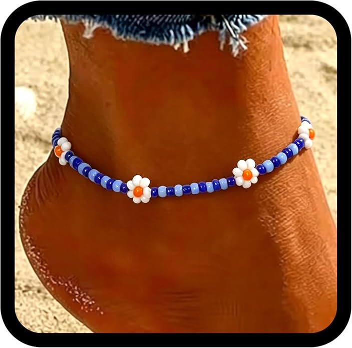 Ursumy Boho Ankle Bracelets for Women Summer Beaded Anklets Chain Beachy Flower Foot Jewelry