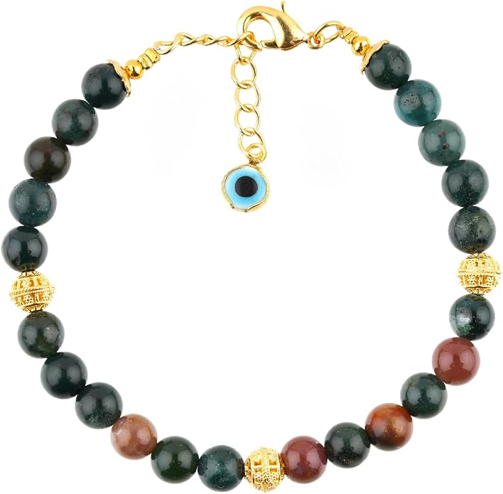 AAA Grade Natural Gemstone Beaded Bracelet, 14K Gold Plated with Evil Charm, Wicca & Reiki Healing Crystals, Handmade Bohemian Jewelry, Christmas Gift for Women (7+1inch)