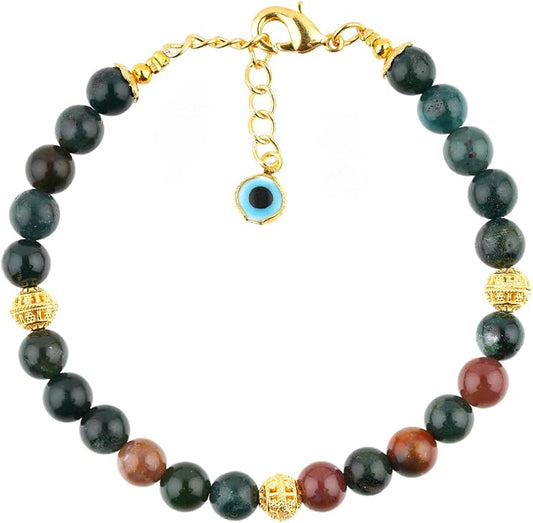 AAA Grade Natural Gemstone Beaded Bracelet, 14K Gold Plated with Evil Charm, Wicca & Reiki Healing Crystals, Handmade Bohemian Jewelry, Christmas Gift for Women (7+1inch)