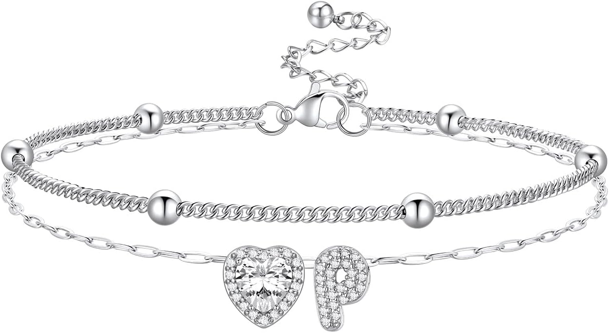 Bestyle Initial Anklet Bracelets for Women Waterproof Non Tarnish 14K Gold/White Gold Plated CZ Anklets for Women Dainty Layered Letter Heart Ankle Bracelets Adjustable Foot Chain Anklet