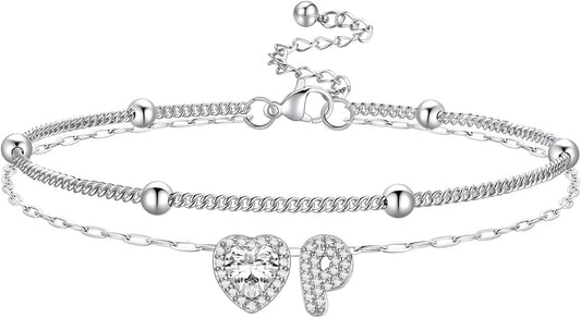Bestyle Initial Anklet Bracelets for Women Waterproof Non Tarnish 14K Gold/White Gold Plated CZ Anklets for Women Dainty Layered Letter Heart Ankle Bracelets Adjustable Foot Chain Anklet