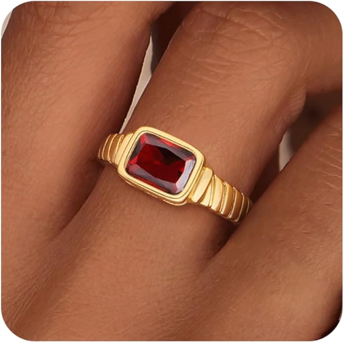 ZHESHY Birthstone Gold Rings for Women Non Tarnish Vintage Gemstone Emerald Rings 14K Gold Plated CZ Signet Thumb Band Rings Jewelry Gift for Birthday Size 6-10