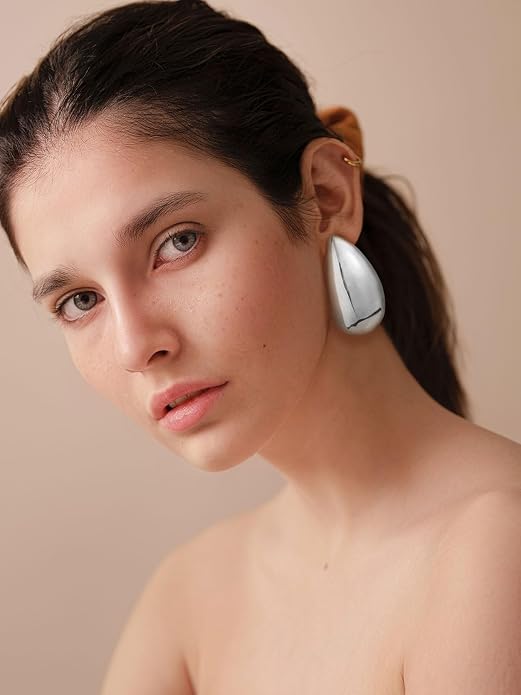 KeyStyle Chunky Gold Hoop Earrings for Women Trendy, Stainless Steel TearDrop Hoops Earring, Lightweight Water Drop Ear Jewerly
