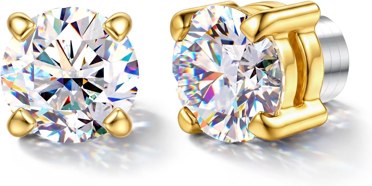 GEMQUEEN Moissanite Magnetic Earrings for Men Women : 18K White Gold Plated Hypoallergenic Stainless Steel Non Piercing Clip on Fake Earrings Studs Dainty Moissanite Earring Jewelry D Color VVS1